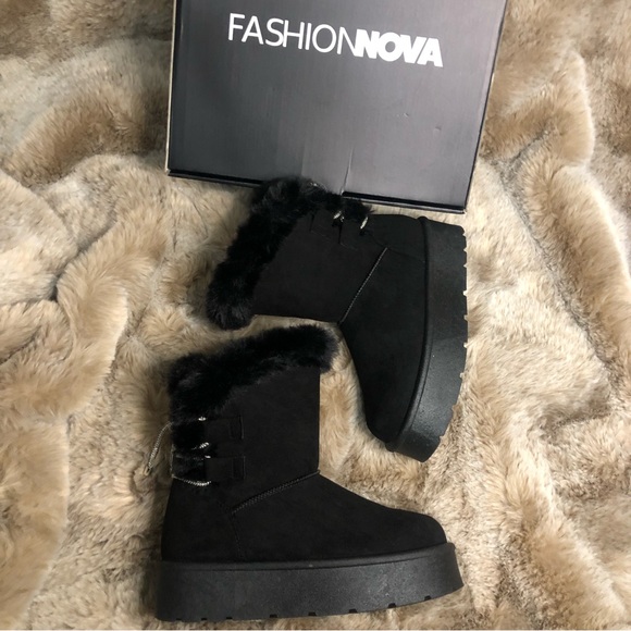 Fashion Nova Shoes - Fashion Nova Early Morning Black Faux Fur Platform Booties NWT